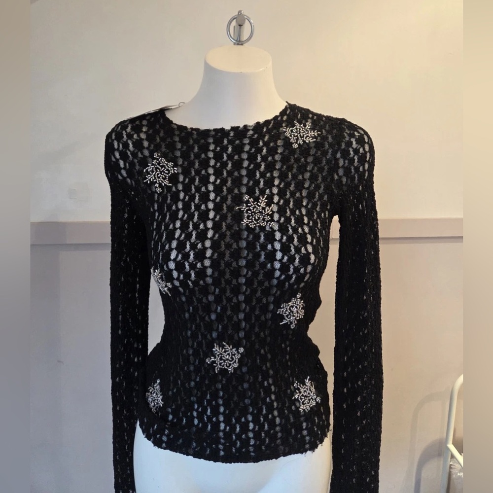 Zara New beaded Black Lace Long-Sleeve Embroidered Top